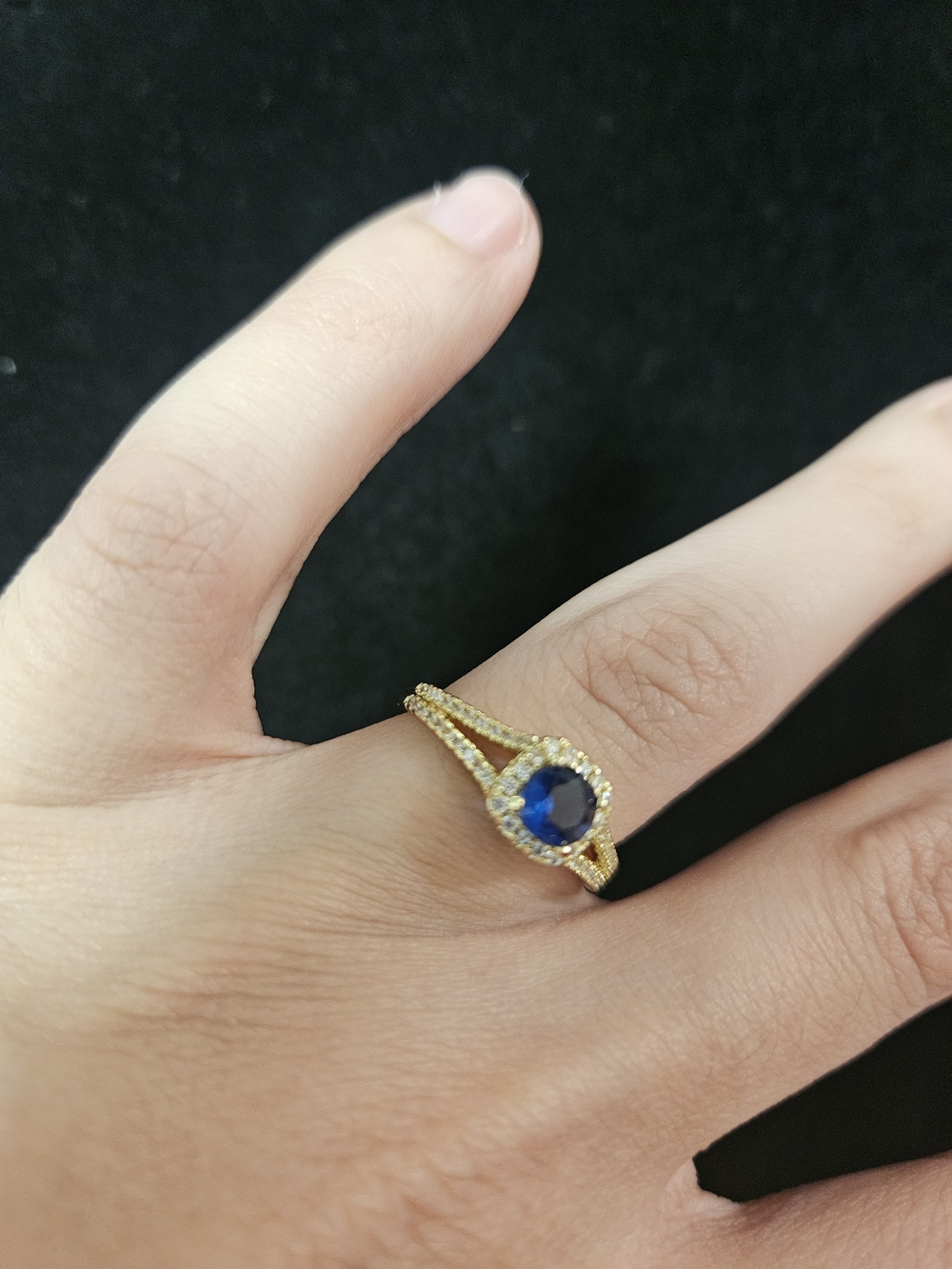 Ping Gold Filled Ring with Deep Blue Sapphire and Pavé Halo Size 7 Xuping